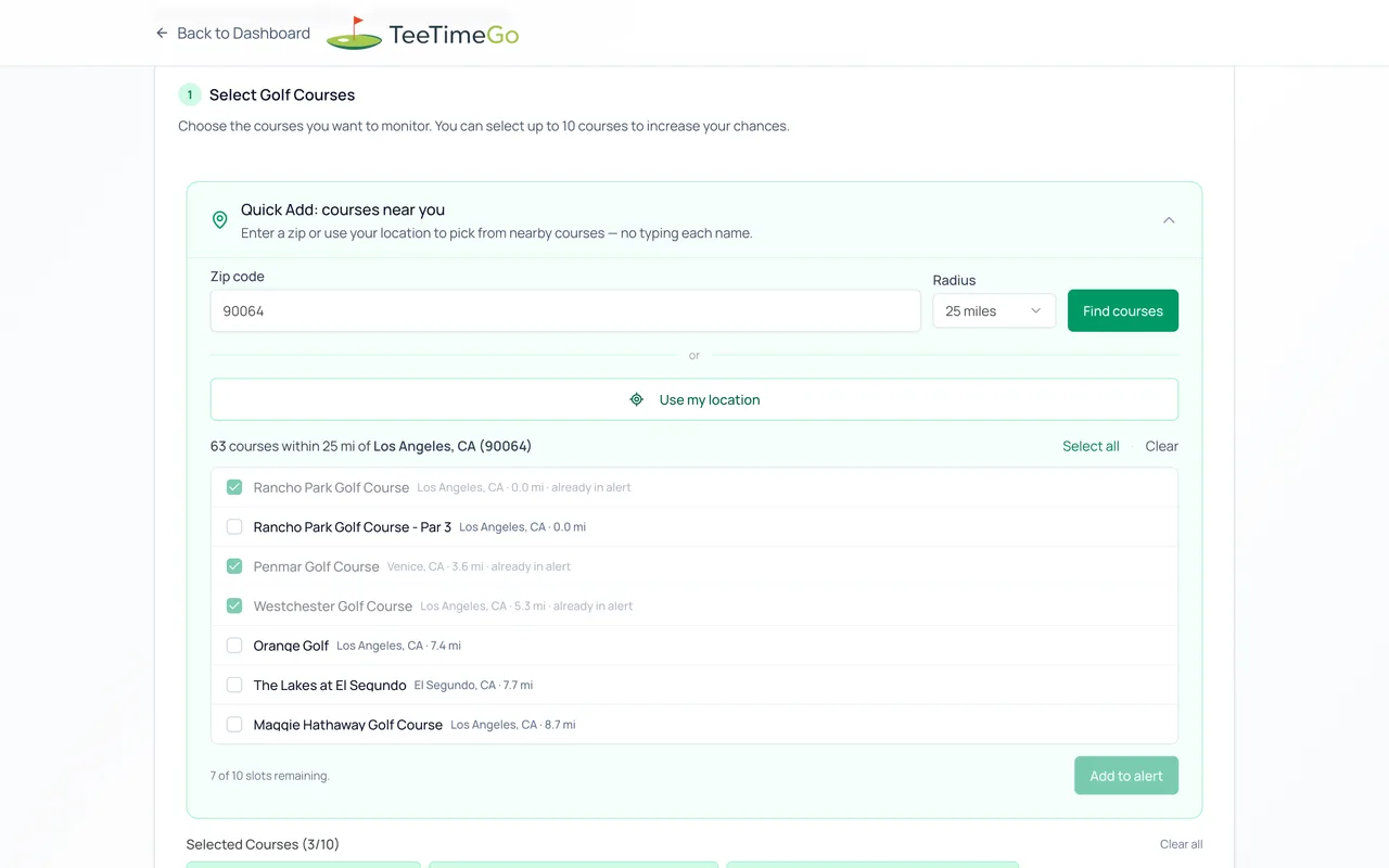 TeeTimeGo Quick Add finding 63 golf courses within 25 miles of a Los Angeles zip code