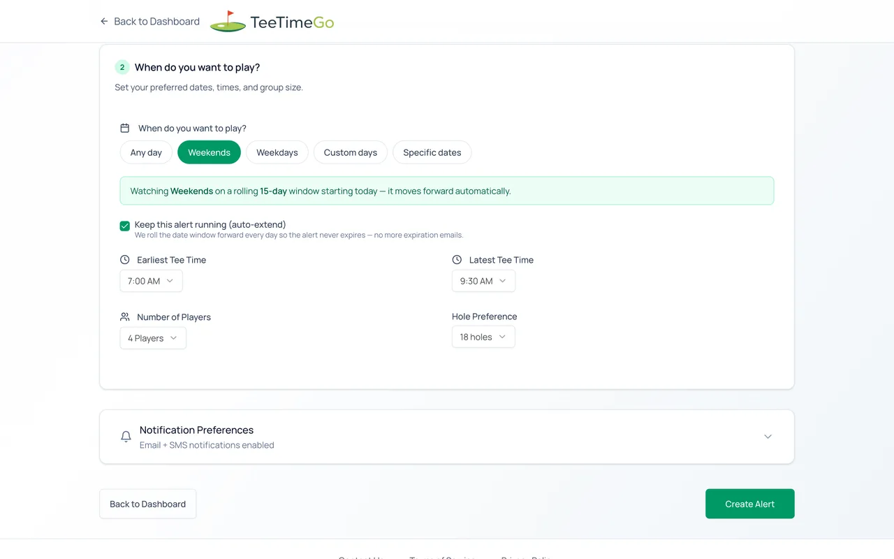 TeeTimeGo alert schedule settings with Weekends selected, auto-extend on, tee time window, and group size