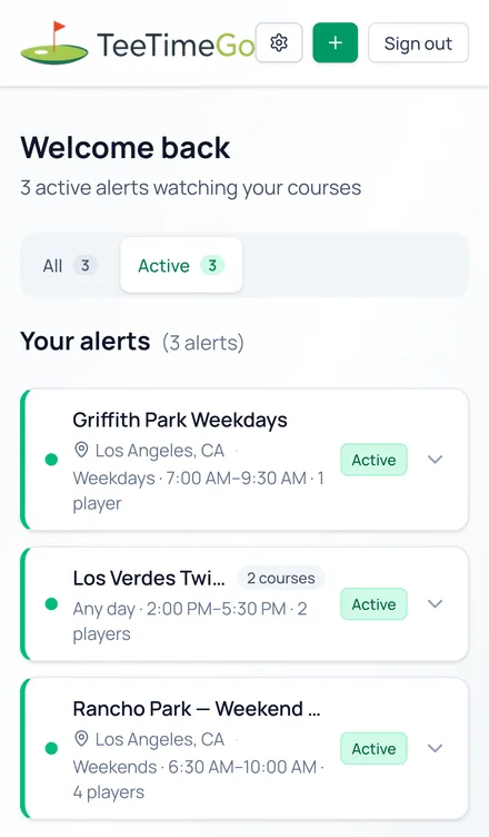 TeeTimeGo dashboard on a phone with active tee time alerts
